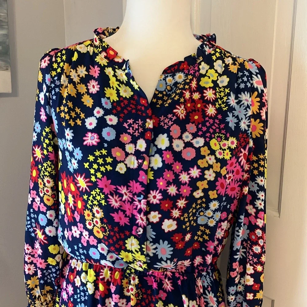 Talbots long sleeve ruffle neck floral cheerful dress EUC - Picture 2 of 12